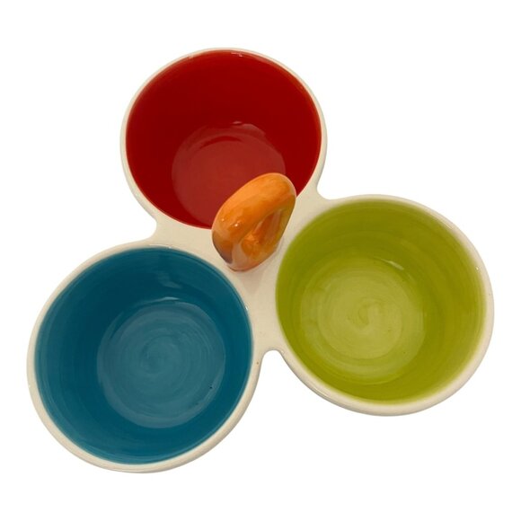 TAG Triple Condiment Server Bowl Dish Dip Polka Dot Ceramic Hand Painted Holder - Picture 3 of 5